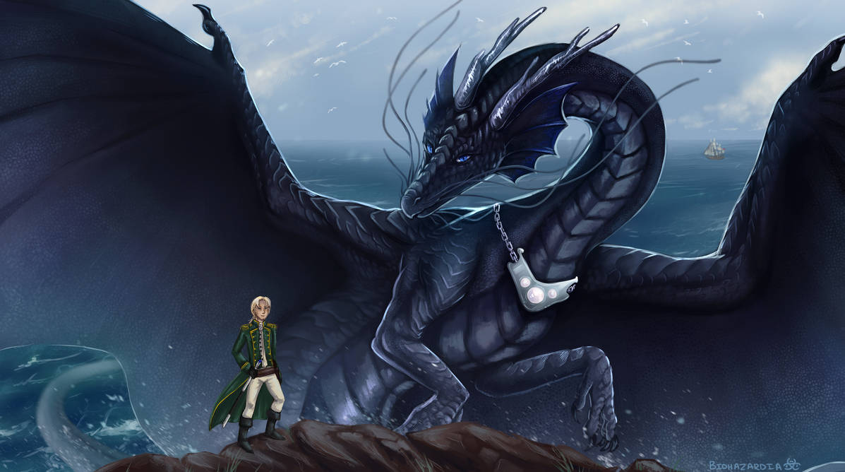 Ein Gemälde von dem Drachen Temeraire und seinem Captain, William Laurence. Von User Biohazardia auf deviantart.
