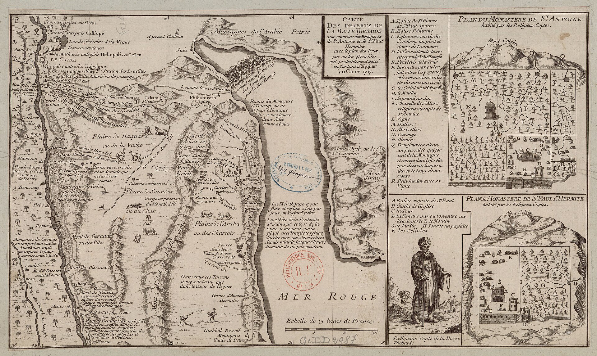 Historische Darstellung der Region des Roten Meeres in Ägypten. Gezeigt wird die Wüste in der Umgebung der Klöster St. Antonius und St. Paulus sowie den biblischen Durchzug der Israeliten durch das Rote Meer.